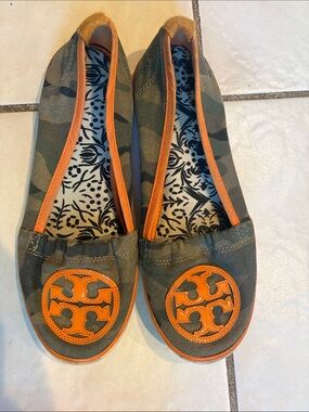 Tory Burch Olive Camo Canvas Flats with Orange Trim and Logo